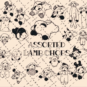 May include: Assorted plush lamb chop toys in various poses and colors, including black, white, and gray. The toys are arranged on a patterned background with the text "Assorted Lamb Chops" in black.