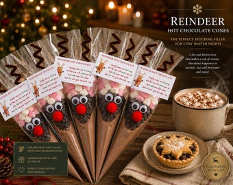 Puede incluir: Cuatro bolsas cónicas transparentes rellenas de mezcla para chocolate caliente, chispas de chocolate negro y mini malvaviscos, decoradas con ojos móviles, narices de pompón rojo y astas de limpiapipas marrón con etiqueta Reindeer Hot Chocolate.