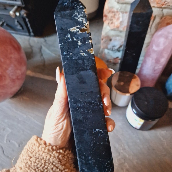 Beautiful large 800g black tourmaline with quartz inclusion tower crystal 35cm tall