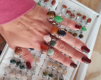 Beautiful gemstone  crystal rings - choose your crystal  - goldstone - rose quartz  - moss agate - carnelian- jade- tiger eye - green quartz