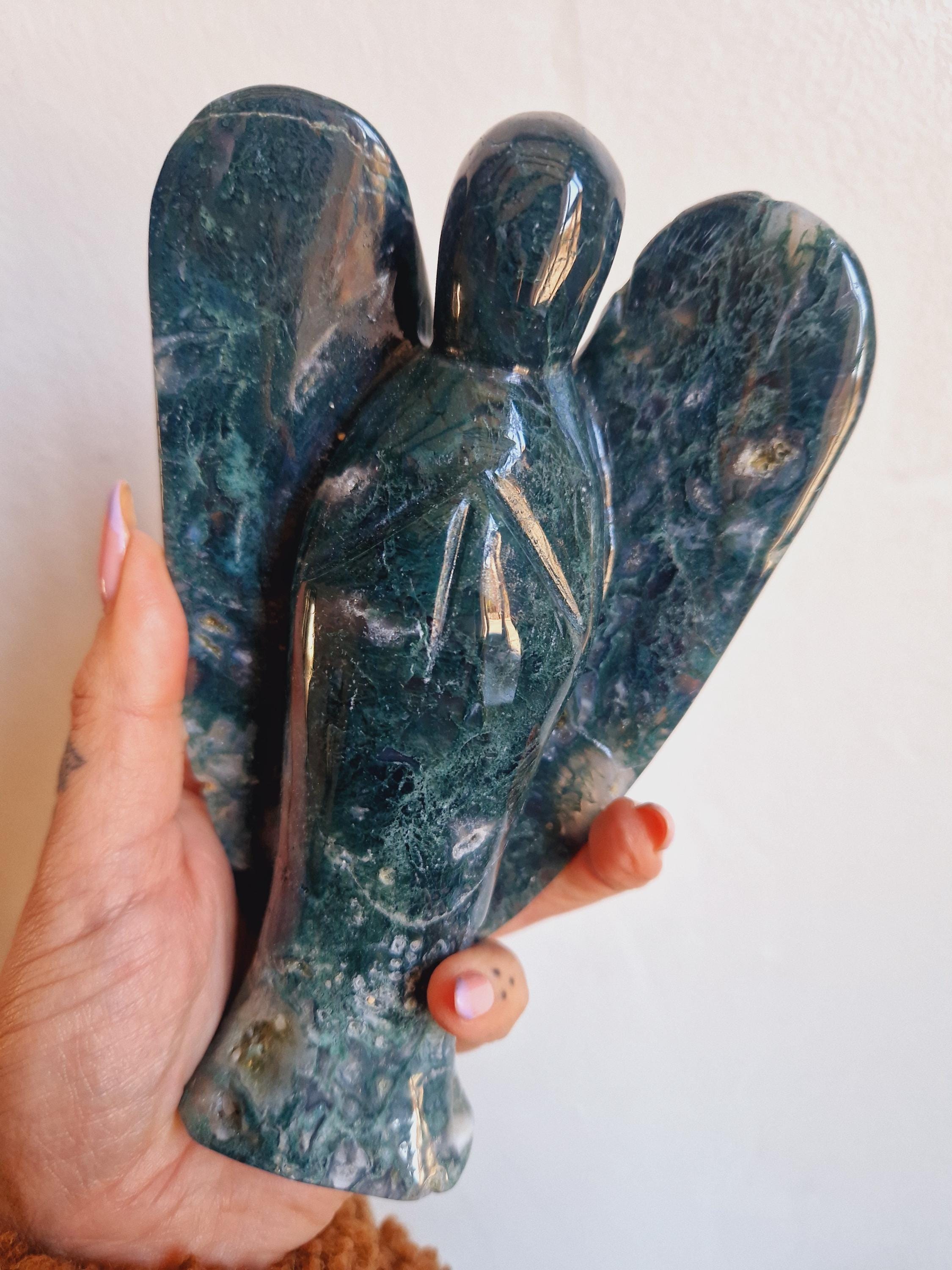 large moss Agate crystal angel - healing crystal large angel carving 15cm tall - big