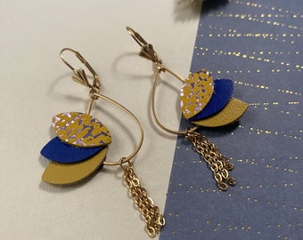 Boucles d'oreilles cuir pailleté bleu et jaune bohème, bijou mariage, accessoire cadeau témoin, cadeau fête des mères, cadeau d'anniversaire