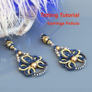May include: A pair of handmade earrings with a floral design. The earrings feature a navy blue and gold color scheme, with a large gold bead in the center of each flower. The text "Tatting Tutorial Earrings Felicia" is visible.