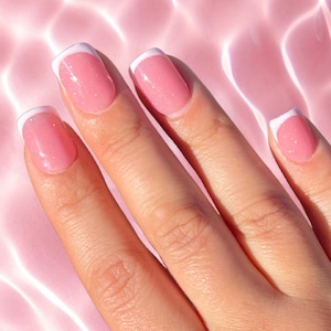 Glitter Pink French Tip Square Press On Nails | Baby Pink French Tip Gel Press Ons | Hand Painted Simple Pink Sparkly Base Fake Nails