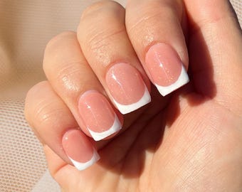 Classic French Tip Press On Nails - Short Square, Reusable False Nails