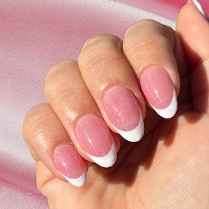 Glitter Pink French Tip Almond Press On Nails | White French Tip Gel Press Ons | Hand Painted Simple Pink Sparkly Base Fake Nails