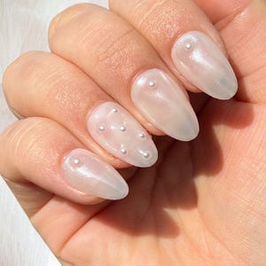 Milky White Pearl Chrome Almond Press On Nails | Glazed Donut Nails Pearly Bridal Gel Press Ons | Hand Painted Wedding Gems Almond Nails