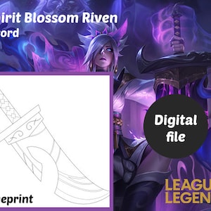 May include: Digital file featuring a blueprint of a sword and a digital illustration of a character from League of Legends. The sword blueprint is a line drawing with a detailed handle and blade. The illustration has a purple and blue color scheme.