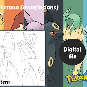 Könnte beinhalten: Digitale Datei mit einem Schnittmuster zum Basteln von Pokemon Eeveelutions Ohren. Das Bild enthält farbenfrohe Illustrationen der Charaktere und ein Schnittmuster-Layout. Text beinhaltet "Pokemon Eeveelutions", "Ears", "Pattern" und "Digital file".