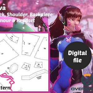 May include: Digital file with a D'va cosplay pattern for neck, shoulder, backpiece armour, and headset. The image shows a pattern diagram and a character illustration in blue, pink, and white.