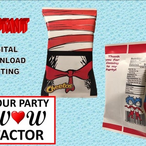 Cat in the hat inspired chip bag party favor for birthday parties and school events.