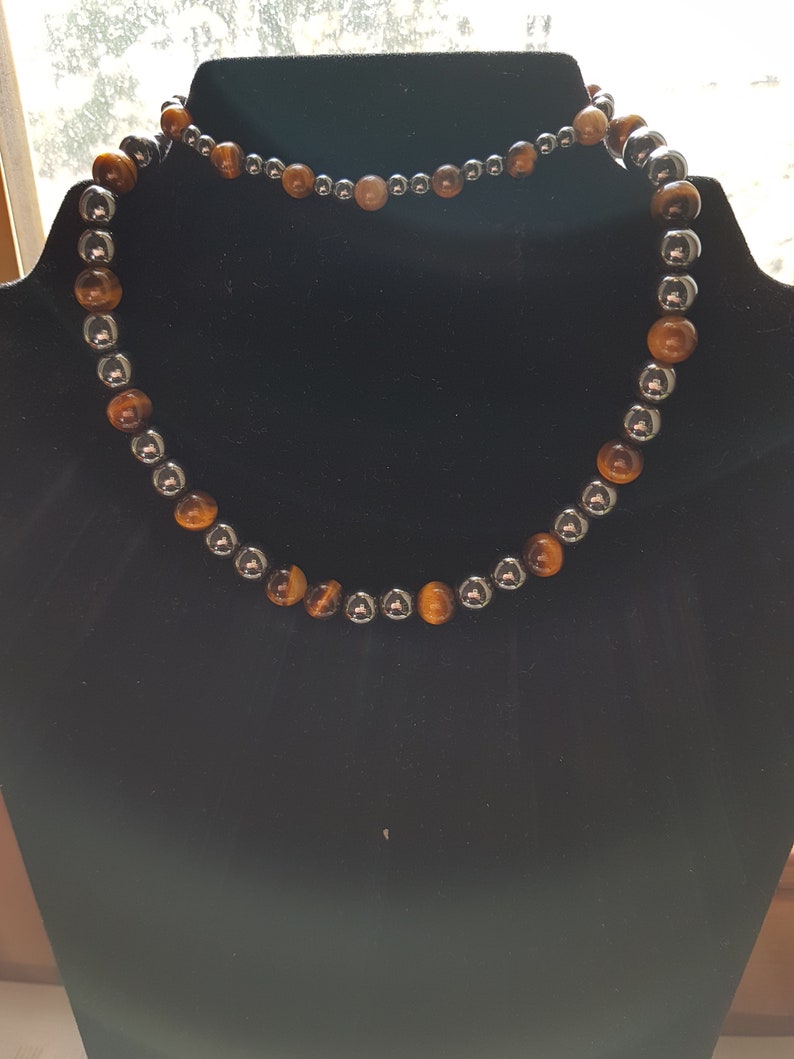 Set of necklace and bracelet with Tiger eye and Hematite for men and women