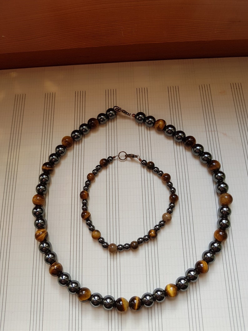 Set of necklace and bracelet with Tiger eye and Hematite for men and women