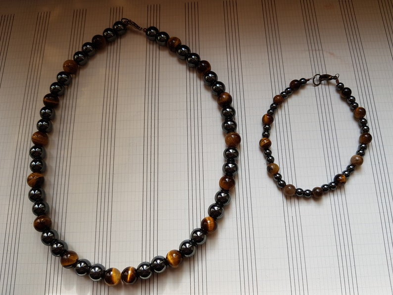Set of necklace and bracelet with Tiger eye and Hematite for men and women