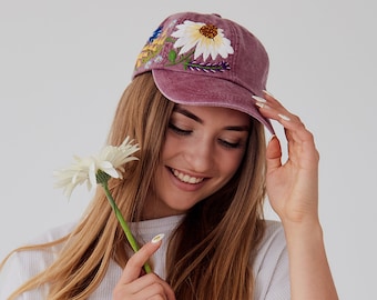 Hand Embroidered Hat Custom Embroidered Baseball Cap for Women Christmas Gift for Mom Flower Hat with Wildflowers Personalized Gift fot Her