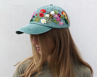Mothers day Hand Embroidered Hat Custom Embroidered Hat Floral Hat Embroidered Baseball Caps Personalized gift Woman Hat Flower lover gift