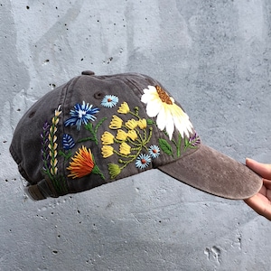 Hand Embroidered Hat / Custom Embroidered Hat / Floral Embroidered Hat / Embroidered Baseball Caps / Brown Cap / Flower Hat / Wildflower