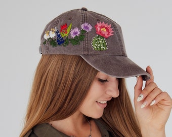 Hand embroidered hat, Embroidered flower hat, Embroidery hat, Embroidered hat, Floral embroidery, Embroidered Cacti with flowers, Custom hat