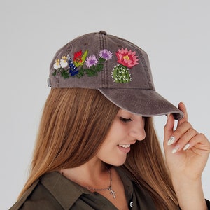 Hand embroidered hat, Embroidered flower hat, Embroidery hat, Embroidered hat, Floral embroidery, Embroidered Cacti with flowers, Custom hat