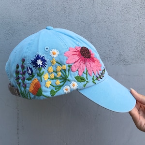 Hand embroidered hiking hat floral design baseball hat for women custom hat for girls embroidered flowers hat with custom embroidery design