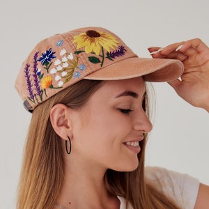 Custom Hand Stitched Hat / Hand Embroidered Hat / Floral hat / Colorful hat / Botanical hat / Embroidered Baseball Cap / Washed Denim Hat