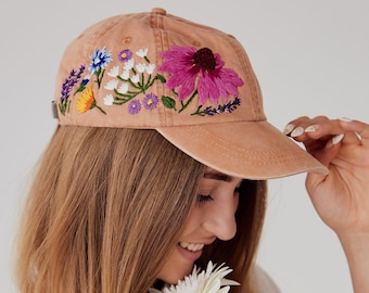 Hand embroidered hiking hat floral design baseball hat for women custom hat for girls embroidered flowers hat with custom embroidery design