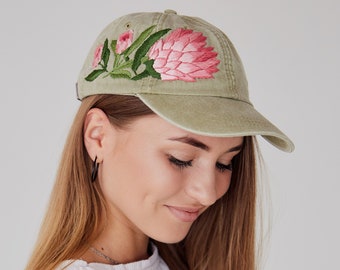 Hand embroidered baseball cap with protea
