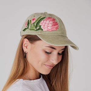 Hand embroidered baseball cap with protea image 1