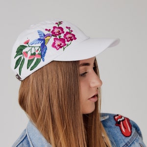 Embroidered White Baseball Hat With Embroidered Hummingbird, Unique Christmas Gift For Girlfriend, Birthday Gift For Her, Denim Baseball Cap