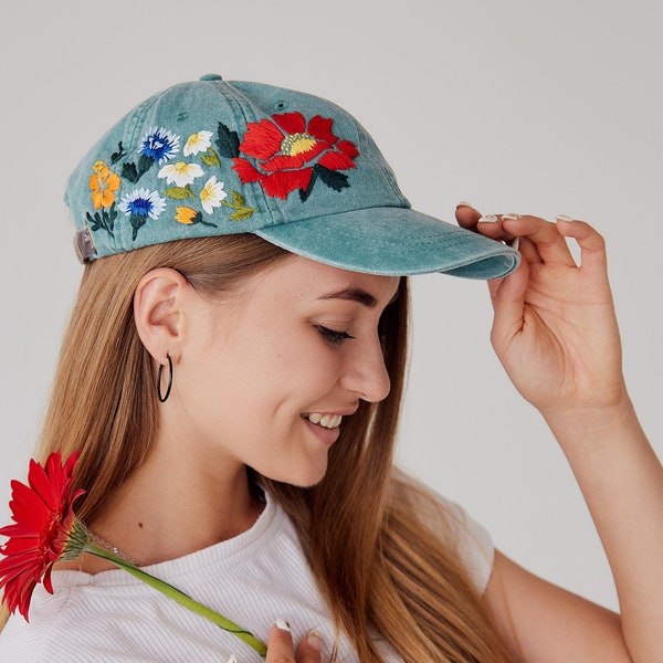 Custom Hand Stitched Hat / Hand Embroidered Hat / Baseball Cap With Flowers/ Custom Floral hat / Botanical hat / Embroidered Baseball Cap