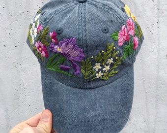 Blue baseball hat with hand embroidered flowers - Personalized baseball cap for women - Custom baseball hats with wildflowers - Gift for her