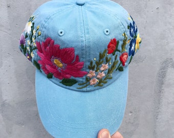 Botanical embroidery, Hand embroidered baseball cap with flowers, Personalized gift for her