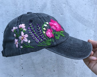 Hand Embroidered Hat / Custom Embroidered Hat / Floral Embroidered Hat / Embroidered Baseball Caps / Black Cap / Flower Hat / Wildflower