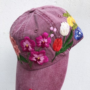 Hand embroidered hat, Embroidered flower hat, Embroidery hat, Embroidered hat, Floral embroidery, Embroidered flower, Custom baseball cap