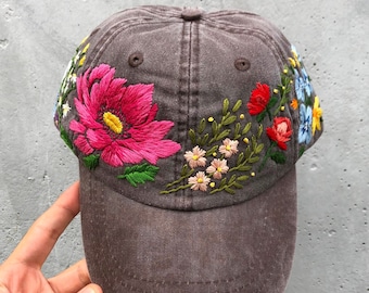 Hand Embroidered Hat / Custom Embroidered Hat / Floral Embroidered Hat / Embroidered Baseball Caps / Brown Cap / Flower Hat / Wildflower