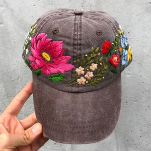 Hand Embroidered Hat / Custom Embroidered Hat / Floral Embroidered Hat / Embroidered Baseball Caps / Brown Cap / Flower Hat / Wildflower