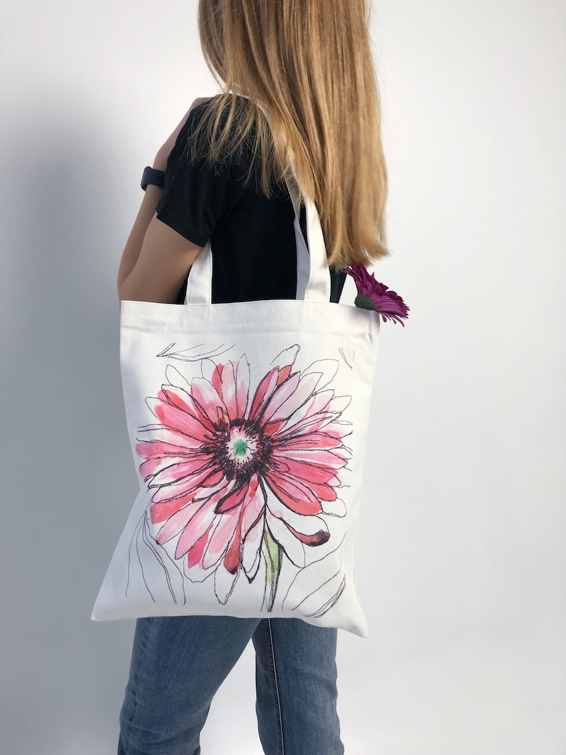 Floral Shopping Bag Gerbera Tote Book Bag With Pocket Eco Tote Bag Grocery Bag Beach Bag Cotton Tote Bag Tote Bag With Zipper