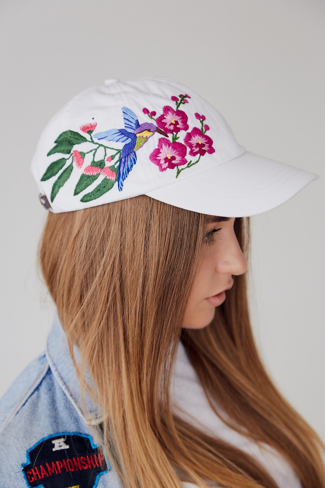 Embroidered White Baseball Hat With Embroidered Hummingbird Etsy