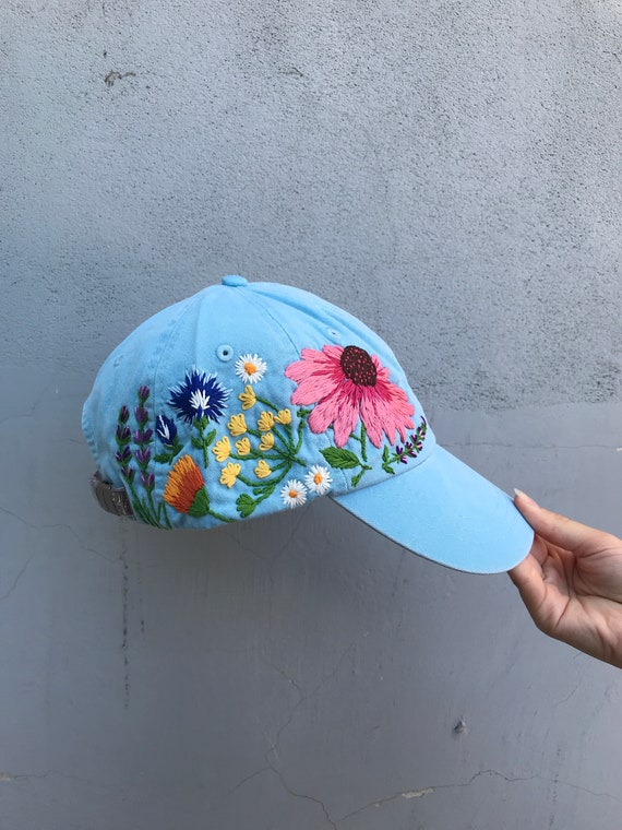 Hand embroidered hiking hat floral design baseball hat for women custom hat for girls embroidered flowers hat with custom embroidery design