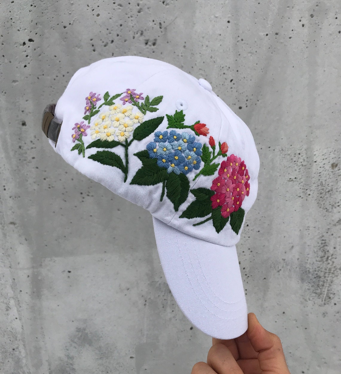 Hand Embroidered Hat White Baseball Hat Custom hat Flowers Etsy