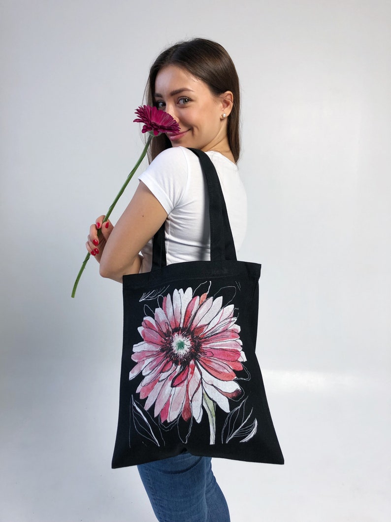Floral Shopping Bag Gerbera Tote Book Bag With Pocket Eco Tote Bag Grocery Bag Beach Bag Cotton Tote Bag Tote Bag With Zipper