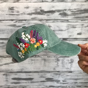 Hand stiched baseball cap with lavender and botanical flowers