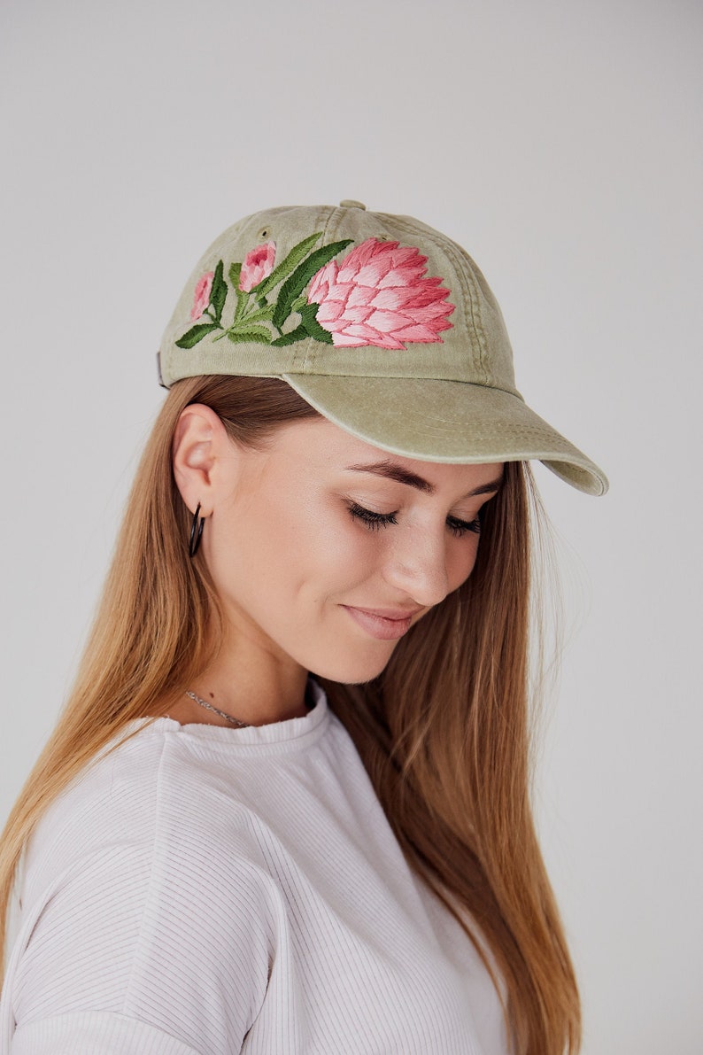 Hand embroidered baseball cap with protea image 1
