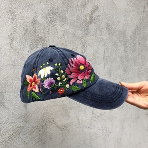 Hand Embroidered Hat/ Teal Embroidered Hat / Floral Border Hat / Cute Hat / Custom Embroidered Hat / Adjustable Hat / Embroidered Ball Cap