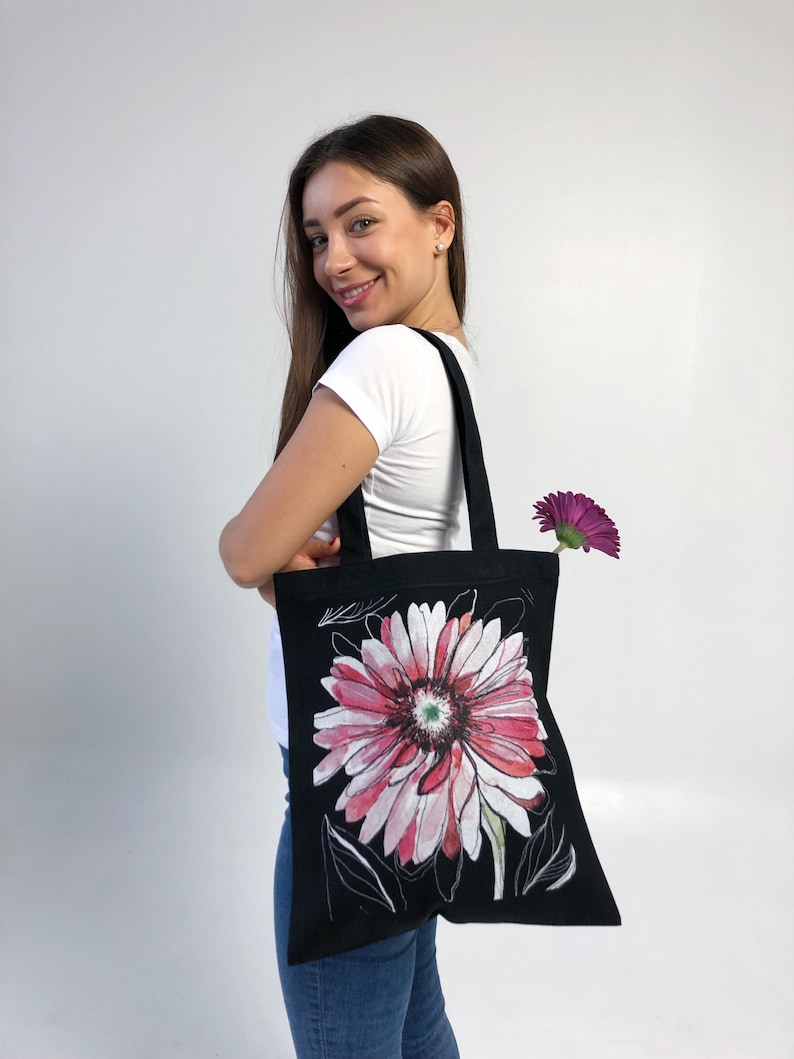 Floral Shopping Bag Gerbera Tote Book Bag With Pocket Eco Tote Bag Grocery Bag Beach Bag Cotton Tote Bag Tote Bag With Zipper