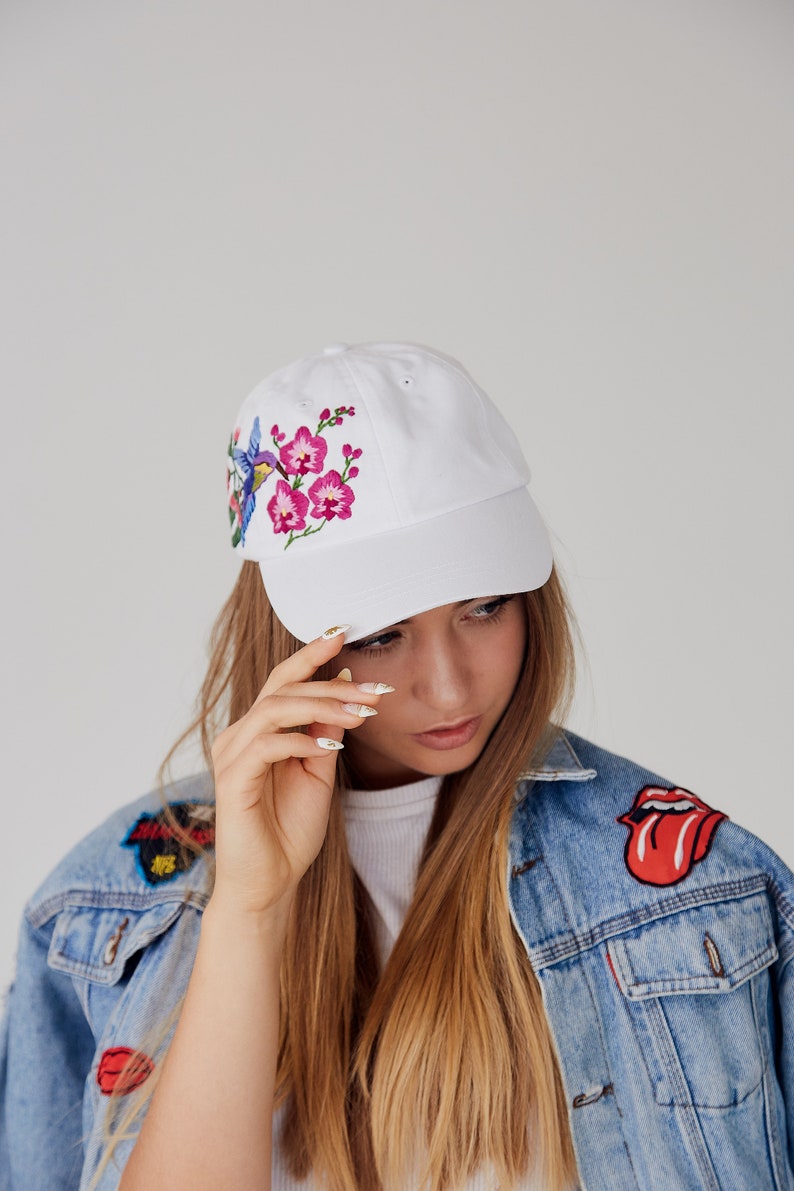 Embroidered White Baseball Hat With Embroidered Hummingbird Etsy