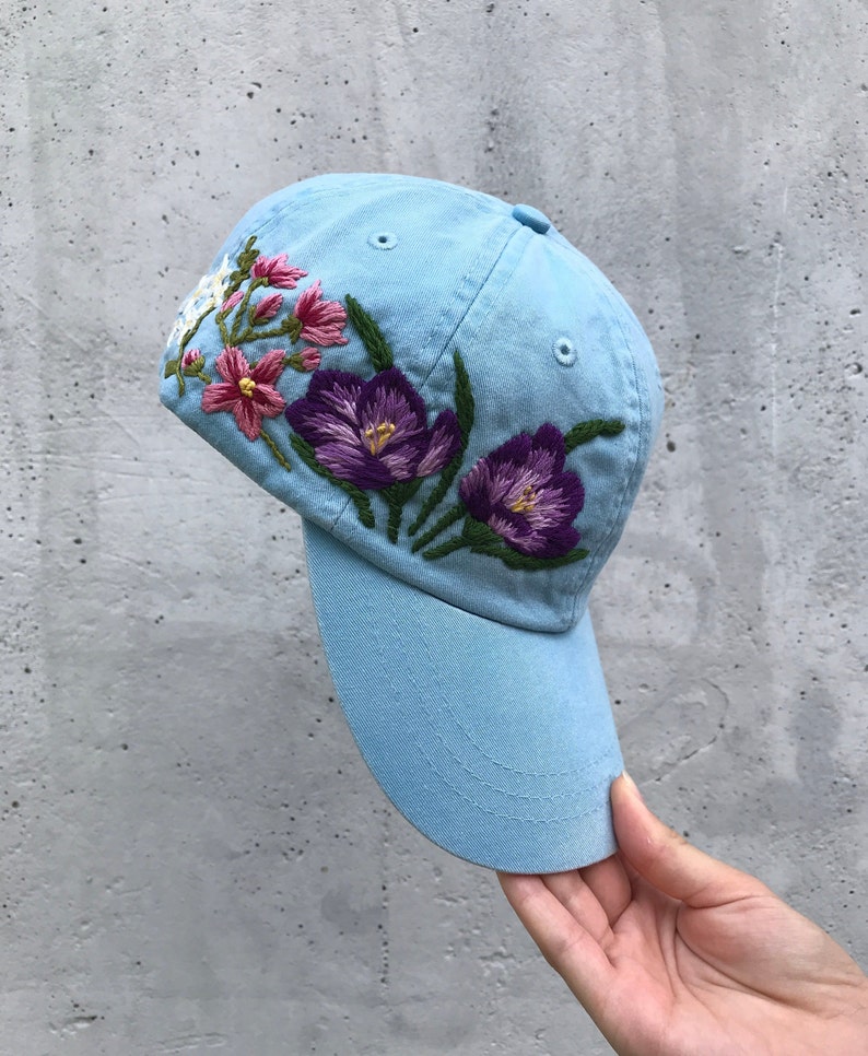Hand Embroidered Baseball Hat With Floral Design Personilized Etsy