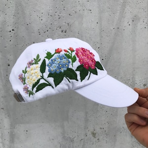 Hand Embroidered Hat, White Baseball Hat, Custom hat, Flowers Hat, Trucker hat, Womens hat, Floral hat, Gift For Women, Gift for Her, Mom image 1