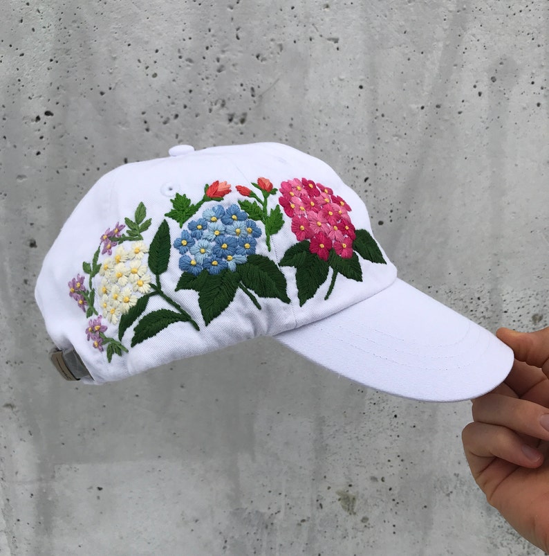Hand Embroidered Hat, White Baseball Hat, Custom hat, Flowers Hat, Trucker hat, Womens hat, Floral hat, Gift For Women, Gift for Her, Mom image 1
