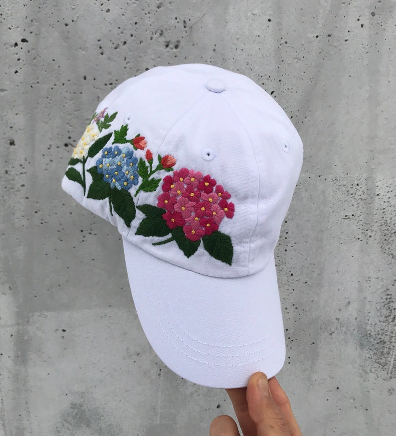 Hand Embroidered Hat, White Baseball Hat, Custom hat, Flowers Hat, Trucker hat, Womens hat, Floral hat, Gift For Women, Gift for Her, Mom image 2